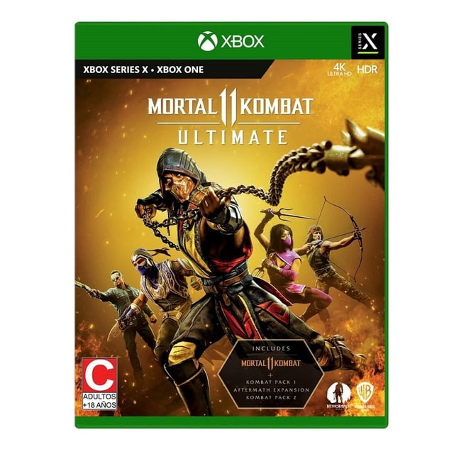 mortal kombat 11 xbox series x ultimate edition portada frontal con caja verde de Xbox; Scorpion en el centro con máscara y cadena en pose ofensiva, tres luchadores en segundo plano, fondo amarillo anaranjado con llamas, logos de Xbox, 4K HDR y sello de clasificación para adultos visibles; a menudo usado para partidas de lucha locales o en línea.