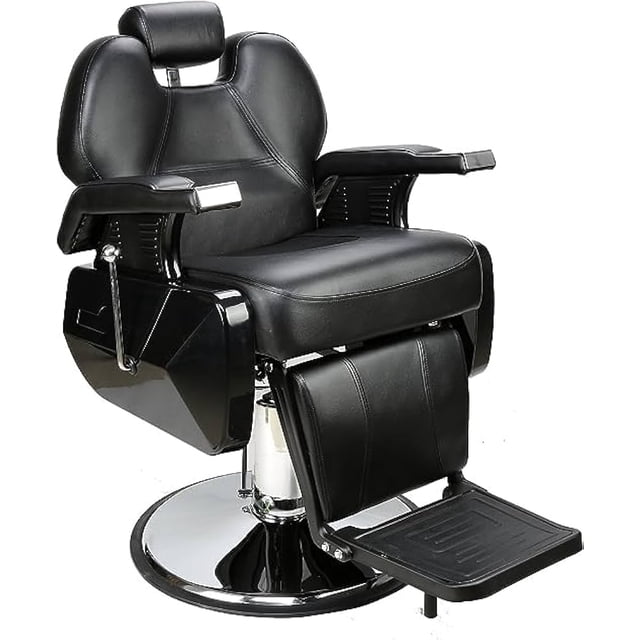 sillón de barbero bluelander diseño europeo negro con respaldo reclinable hasta 135°, reposacabezas integrado y apoyabrazos remachados; asiento y respaldo en tapicería negra sobre base cromada circular y estructura de acero reforzado, con ajuste de altura visible, reposapiés plegable y ergonomía para trabajo profesional; también suele usarse en estudios de tatuaje para sesiones largas.