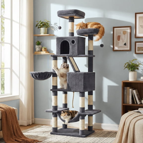 Feandrea Árbol para Gatos de 206 cm de Altura, Torre de Gatos con 13 Poste, 2 Cuevas, 2 Plataformas, Cesta, Pompón, Hamaca, Gris Ahumado