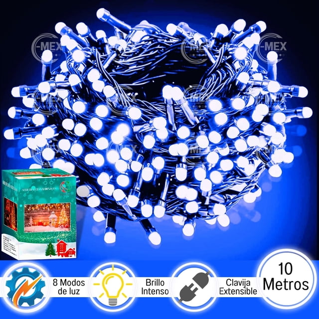 luces navideñas serie azul 200 leds 10 metros dosyu Bobina frontal y centrada de 200 LEDs azules en cable oscuro, diodos redondos encendidos y agrupados; fondo degradado azul y caja DOSYU en la esquina inferior izquierda; longitud 10 metros, pictogramas indican 8 modos, brillo intenso y clavija extensible. A menudo usadas también para decorar cortinas o pequeños escenarios.
