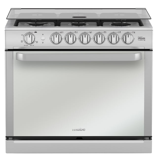 estufa de empotre 80 cm (30 pulgadas) plata mercury mabe - ma0c80300ci4 vista frontal, estufa empotrable plateada con cuatro quemadores bajo tapa de vidrio, cinco perillas frontales cilíndricas para control de hornillas y horno, puerta del horno lisa con asa horizontal y logo Mabe; parrillas Iron Cook y plancha de hierro fundido en la superficie; adecuada para cocinas empotradas y uso doméstico.