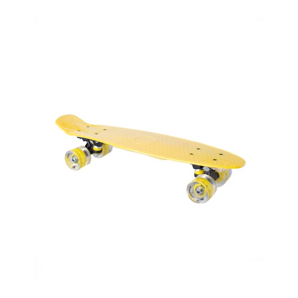 Patineta semiprofesional minicruiser tipo penny con deck amarillo, trucks negros y ruedas amarillas transparentes