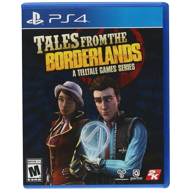 tales from the borderlands ps4 playstation 4 juego fisico Juego Nuevo; caja frontal PS4 con el título "Tales from the Borderlands", dos personajes de torso (traje rojo y chaqueta azul con logo Hyperion) sosteniendo un emblema circular luminoso, banda superior azul con sello PS4 y logos de Telltale y 2K en la esquina inferior, estilo aventura narrativa.