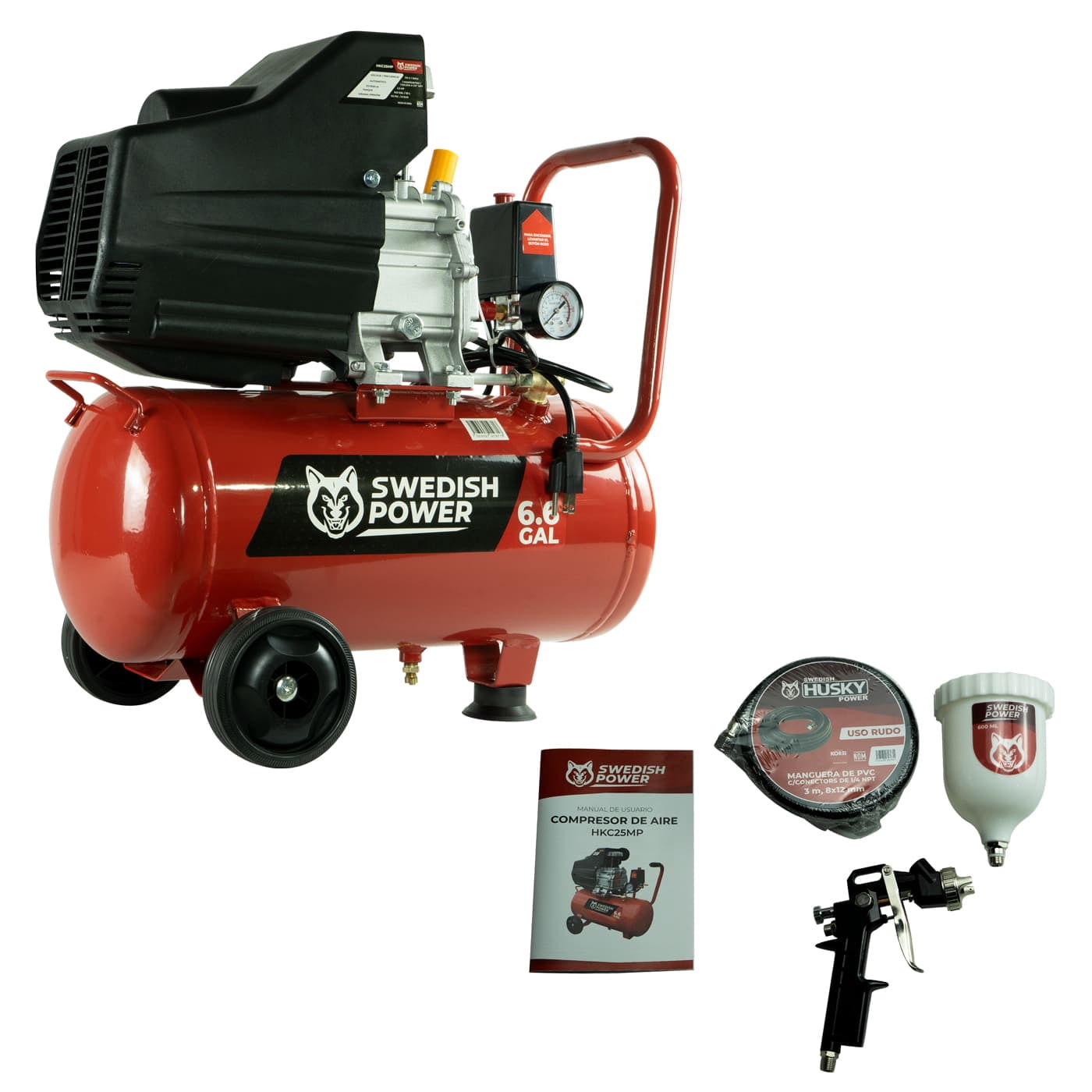 Compresor De Aire 25 Litros 2.5 Hp C/Manguera Y Pistola Swedish Husky Power  HKC25MP