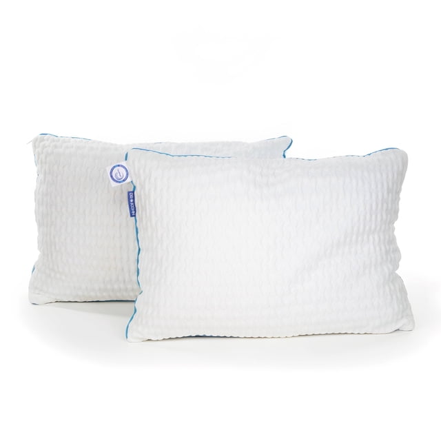almohada estándar nube original dr joohn memory foam (2 piezas) juego de dos almohadas blancas estándar con funda texturizada y ribete azul, vista frontal 3/4; relleno de memory foam triturado según especificaciones, tamaño 66x43x20 cm; diseñadas para soporte ergonómico y transpirabilidad; también suelen usarse para mejorar soporte al leer en cama.