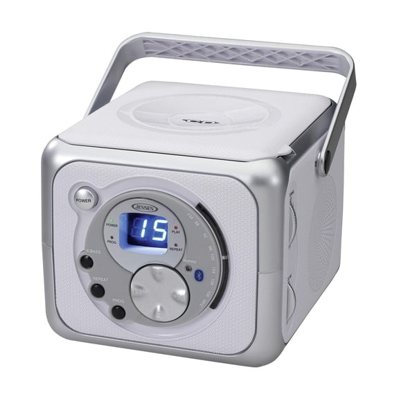 Jensen FM Stereo CD555 Bluetooth Boombox, Plata, 7.00 x 9.75 x 6.00 pulgadas