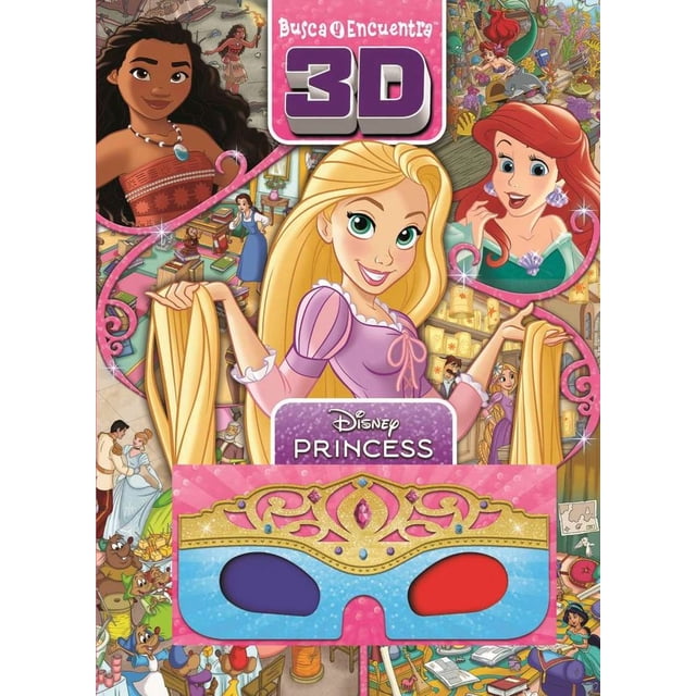 disney princess. busca y encuentra con lentes 3 d / pd. Nuevo libro físico infantil, portada frontal con Rapunzel al centro sujetando su cabello dorado, recuadros superiores con Ariel y Moana, fondo repleto de escenas para buscar 100 objetos y personajes escondidos y una ilustración de lentes 3D rojo y azul en la parte inferior; apto para actividades de observación.