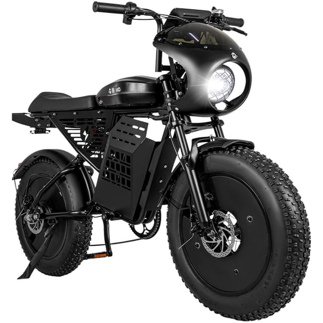 bicicleta electrica e-be rocket 7 vel montaña 52km/h todo terreno Azul eléctrico, 3/4 frontal con faro LED encendido, cuadro con batería central y llave, manubrio recto y asiento largo, llantas Rocket rodada 20 con neumáticos todo terreno y frenos de disco visibles, amortiguador trasero y portaequipaje; admite hasta 120 kg, 7 velocidades manuales y 3 asistidas, autonomía y tiempos de carga según especificaciones; también suele usarse para desplazamientos recreativos y excursiones cortas.