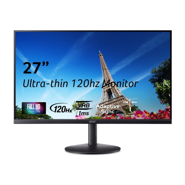 monitor acer sb273 g0bi 27" ips full hd 120 hz freesync vista frontal centrada del monitor en negro con marco cero y base redonda; pantalla IPS Full HD (1920 x 1080) muestra imagen de la Torre Eiffel con iconos de 120 Hz, VRB 1 ms y Adaptive-Sync; inclinación ajustable y puertos HDMI y VGA visibles.