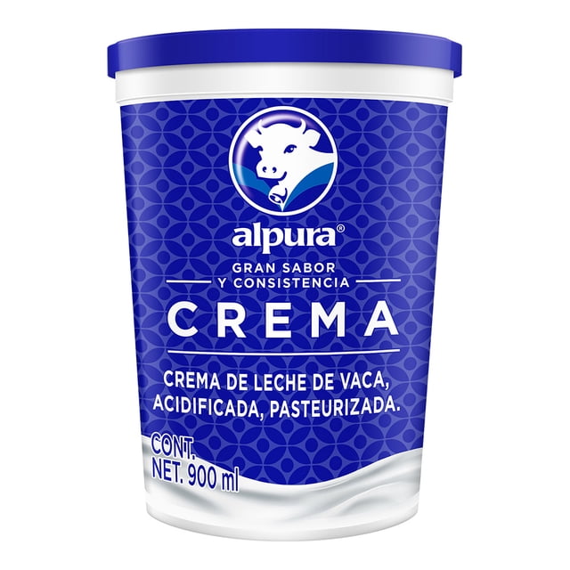 crema ácida alpura regular 900 ml envase frontal centrado de plástico, etiqueta azul con patrón geométrico y logotipo Alpura, texto destacado “CREMA”, leyenda “crema de leche de vaca, acidificada, pasteurizada”, tapa azul y marcado neto 900 ml; adecuada para cocinar y preparar postres.