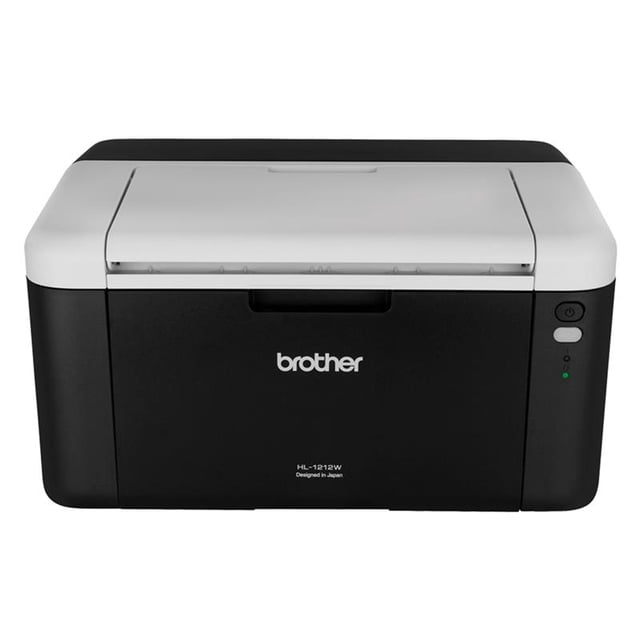 impresora brother mono láser hl-1212w impresora láser monocromo negra y blanca, vista frontal centrada con logo Brother en el frente, bandeja frontal cerrada y panel de encendido con LEDs a la derecha; diseño compacto para escritorio, impresión móvil vía app y hasta 21 ppm según ficha técnica; también adecuada para imprimir recibos o tareas escolares.