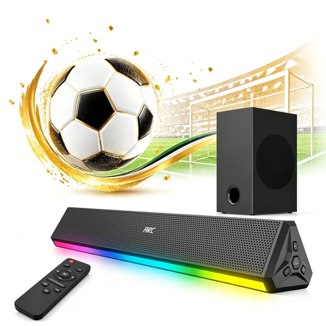 barra de sonido de 110 w para tv, 2.1 canales con subwoofer BT109 GCZ en negro, 3/4 frontal con subwoofer trasero; barra baja con rejilla perforada y logotipo GCZ, tira de retroiluminación multicolor en la base, botones laterales visibles y control remoto negro delante; incluye conexiones HDMI ARC, auxiliar y óptica. Fondo blanco con gráfico deportivo que sugiere entretenimiento en casa; también adecuada para mejorar audio en noches de partido.