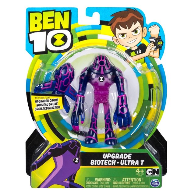 ultra t spin master ben 10 5 pulgadas Figura coleccionable Ben 10 Ultra T de 5 pulgadas, vista frontal en empaque; figura multicolor (morado, azul y fucsia) con emblema Omnitrix en el torso, seis puntos de articulación visibles en brazos y piernas, silueta humanoide y detalles fieles a la serie, empaque con logo Ben 10 y aviso 4+ años. Suele usarse también para exhibición en colecciones.