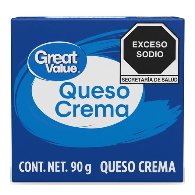 queso crema great value 90 g Empaque frontal azul con logo Great Value y texto 'Queso Crema', sello 'Exceso Sodio' y leyenda 'Cont. Net. 90 g'; crema láctea de textura suave y cremosa, ideal para untar, preparar dips y repostería como cheesecake.