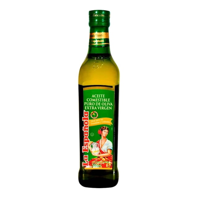 aceite de oliva la española extra virgen 500 ml botella de vidrio verde, vista frontal centrada con etiqueta verde y roja que indica 'Aceite comestible puro de oliva extra virgen', logotipo La Española e ilustración de mujer; envase alargado para despensa, ensaladas y guisados, también suele usarse para aliñar y cocinar por su formato rendidor.