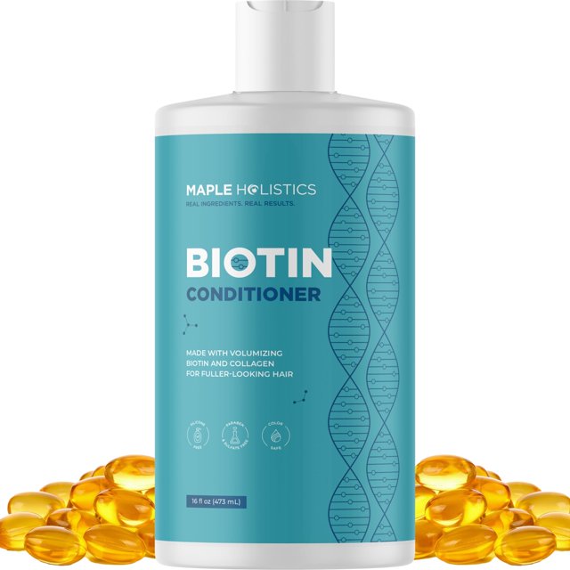 acondicionador maple holistics con biotina voluminizadora para cabello delgado, botella frontal azul turquesa con texto BIOTIN CONDITIONER y logo Maple Holistics, diseño de doble hélice a la derecha, tapa blanca y cápsulas doradas en la base; enfoque de producto sobre fondo blanco.