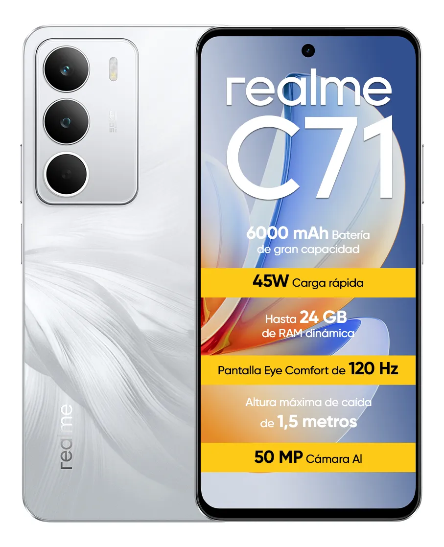 Teléfono Celular Realme C71-256GB 4GB RAM 6.67" LCD 6000mAh 120Hz Carga Rápida 45W NFC Dual SIM Versión México,Blanco