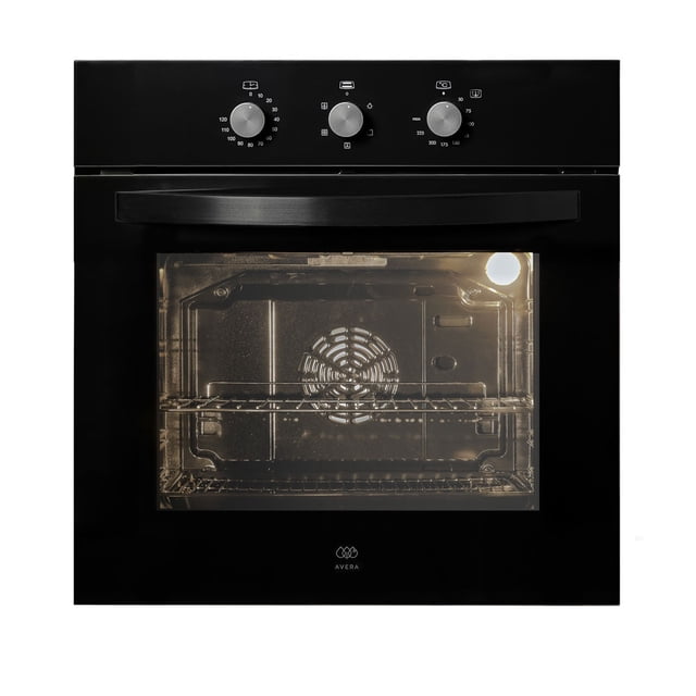 horno eléctrico empotrable aevra 67l 127v acero inoxidable vidrio templado negro — vista frontal con puerta de doble vidrio templado y manija horizontal; panel superior con tres perillas ergonómicas; interior iluminado de 67 L con ventilador posterior para circulación 360° y dos parrillas en distintas posiciones, acabado interior porcelanizado. Suele usarse también para calentar varias bandejas simultáneamente.
