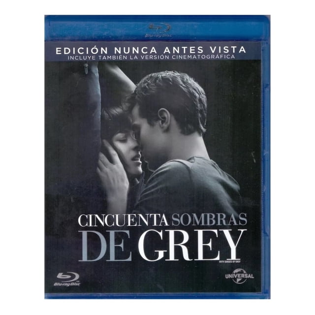 50 sombras de grey dakota johnson pelicula blu ray universal blu-ray portada frontal en caja Blu-ray con título "Cincuenta sombras de Grey", imagen en tonos gris de un hombre de perfil besando la frente de una mujer, banda superior azul con texto de edición y logotipo Universal.