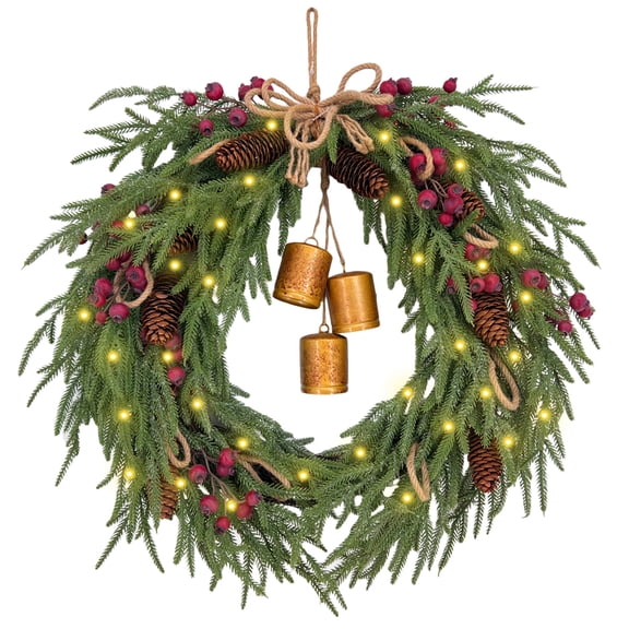 Corona de Navidad 60cm Bell premium Iluminada Guirnalda Navideña Luces LED Nevada Piñas Berries y Campanas Decorada Puerta Exteriores Christmas Wreath Artego