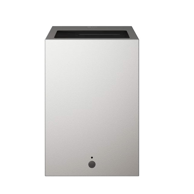 proyector 4k con dolby atmos lg cinebeam s beige mini proyector 4K UHD tiro ultracorto, vista frontal centrada de caja rectangular vertical texturizada con abertura de proyección superior enmarcada en negro y botón circular frontal; compacto y minimalista, compatible con WebOS y ajustable hasta 100 pulgadas, adecuado para salas de cine en casa.
