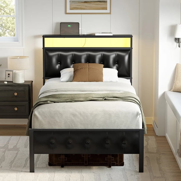 Cama Individual FABATO Cabecera Tapizada Luces LED