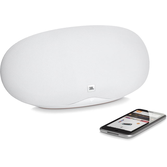 altavoz inalámbrico jbl playlist blanco jbl altavoz de audio vista 3/4 de un altavoz oval blanco con rejilla texturizada y logo JBL en el centro; icono de Wi‑Fi en la base y smartphone al frente mostrando una app, indica Bluetooth y Chromecast integrados para transmitir música por Wi‑Fi y desde la nube hasta 24 bits/96 kHz.