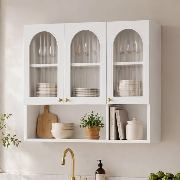 Alacenas para Cocina Flotante con 3 Puertas Blanco | Gabinete Para Cocina Con Puertas De Armario Transparentes y Estantes De Almacenamiento Abiertos 120x30x80CM