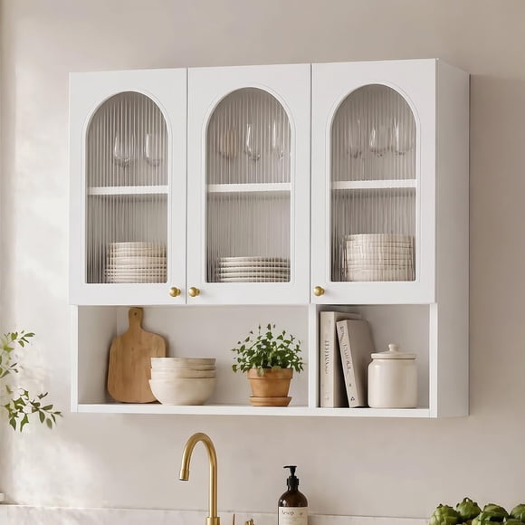 Alacenas para Cocina Flotante con 3 Puertas Blanco | Gabinete Para Cocina Con Puertas De Armario Transparentes y Estantes De Almacenamiento Abiertos 120x30x80CM