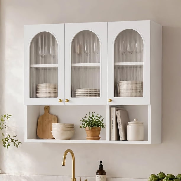 Alacenas para Cocina Flotante con 3 Puertas Blanco | Gabinete Para Cocina Con Puertas De Armario Transparentes y Estantes De Almacenamiento Abiertos 120x30x80CM
