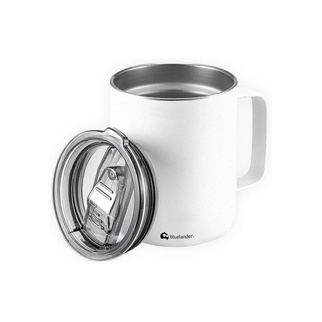 termo taza bluelander termo taza acero inoxidable Blanco, vista frontal centrada de una taza térmica de 350 ml con interior de acero inoxidable visible, asa lateral rectangular y tapa transparente desmontada con cierre a prueba de fugas. Logo BLUELANDER en la base; mantiene bebidas calientes 3 hrs y frías 9 hrs; a menudo usada como recipiente de viaje para bebidas.