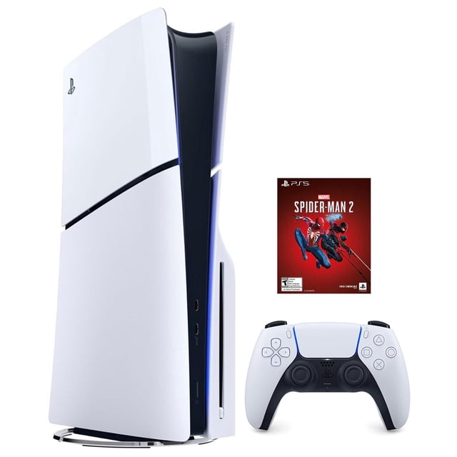 consola ps5 slim playstation 5 dvd 1tb bundle marvel’s spider-man 2 internacional Consola PS5 Slim blanca en vista 3/4 con lector Ultra HD Blu-ray lateral y listón LED azul, mando DualSense blanco con panel negro y estuche del juego Spider-Man 2; especifica 1TB SSD, 16GB GDDR6 y dimensiones aprox. 358 x 96 x 216 mm.
