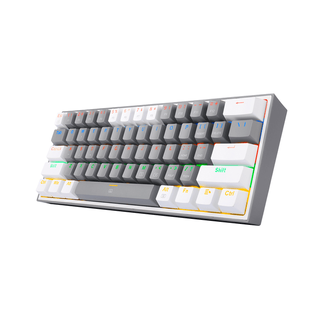 teclado gamer redragon fizz rainbow gris/blanco 60% — Teclado mecánico 60% de 61 teclas en blanco y gris, vista 3/4 frontal con retroiluminación rainbow, switches hot-swap Redragon Blue clicky, conector USB-C y cable removible; diseño compacto sin teclado numérico ideal para FPS y ahorrar espacio en escritorio.