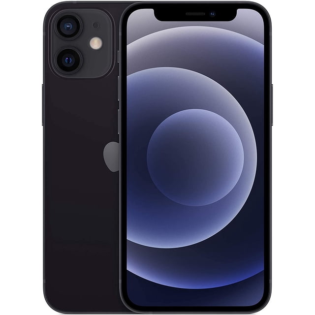 iphone 12 256 gb negro reacondicionado tipo a apple Reacondicionado, vista frontal y trasera en 3/4, pantalla 6.1" con fondo circular azul, carcasa negra con doble cámara trasera y logo Apple visible, almacenamiento 256GB, batería 80–99% según especificación, equipo desbloqueado; también apto como móvil de respaldo para viajes.