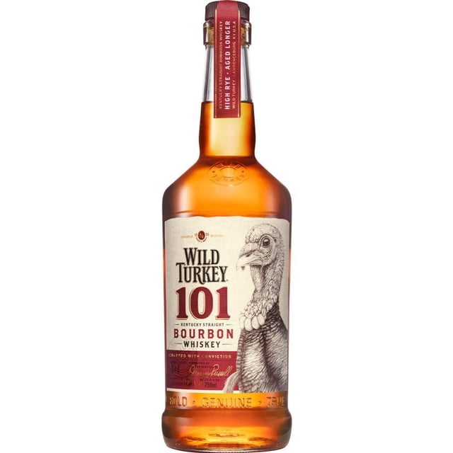 paquete de 3 whisky wild turkey bourbon 101 750 ml botella frontal con etiqueta crema que muestra ilustración detallada de un pavo y el número 101 en rojo oscuro, cuello con sello rojo y vidrio ámbar que deja ver el líquido; venta solo a mayores de edad.