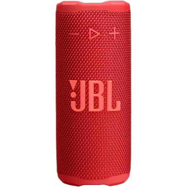 nuevo lanzamiento jbl grip bocina bluetooth jbl luces led party boost rojo jblgripredam bocina portátil roja cilíndrica con malla texturizada y logotipo JBL en relieve, botones de control (+, play, -) visibles y panel trasero con luz LED para ambientar fiestas; ideal para emparejar vía Auracast y uso portátil en exteriores.