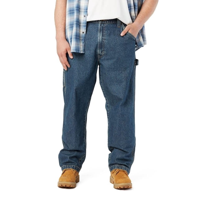 levi strauss signature gold - jeans de carpintero para hombre, clement, 31w x 30l Vista frontal de jeans carpintero Levi Strauss Signature Gold en lavado clemente; corte relajado en asiento y muslo, pierna recta desde la rodilla, bolsillo lateral y presilla para martillo visibles, estilo cinco bolsillos en mezclilla sobre fondo blanco.