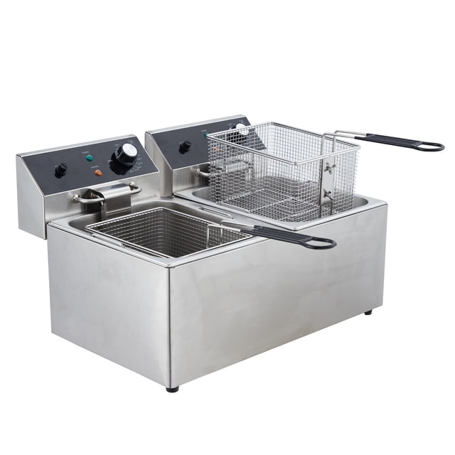 freidora eléctrica comercial de 6/10/12 litros de doble tanque con cesta y tapa, freidora de acero inoxidable de sobremesa para papas fritas y aros de cebolla 3/4 frontal, doble tanque rectangular en acero inoxidable con dos controles de temperatura y temporizador visibles, dos cestas de malla con mangos largos negros y tapas metálicas; adecuada también para freír grandes tandas en cafeterías o puestos de comida.
