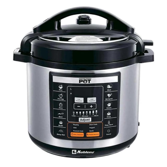 koblenz olla a presión kmp-1200 in 8l 1 pieza(s) Olla de presión eléctrica Koblenz Kitchen Magic Pot 8 litros, vista frontal centrada de cuerpo cilíndrico en acero plateado con tapa y asa negra superior, panel digital con botones e iconos de programas preestablecidos visibles en el frente y logotipo Koblenz en la base; a menudo se usa también para preparar guisos y caldos caseros.