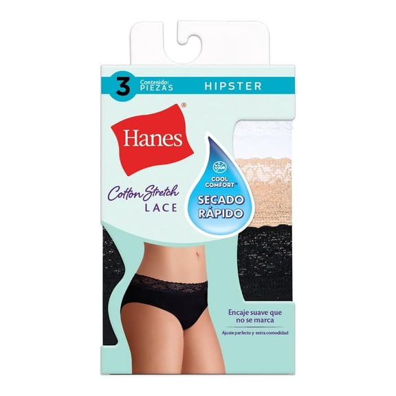 Pantaleta Hanes para Dama, Corte Hipster Lace Multicolor 3 Piezas Talla M/6