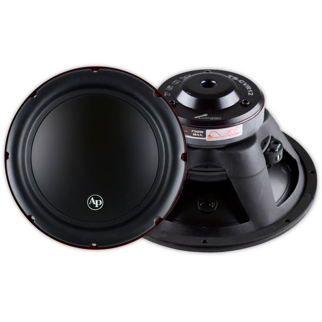 subwoofer audiopipe tscar12 12 plg 750 watts 4 ohms Vista frontal y trasera 3/4 del subwoofer Audiopipe TS-CAR12 de 12 pulg.; cono negro liso con logo 'Ap' en el centro, aro de montaje con orificios, canasta de acero en pintura negra, imán con etiqueta TS-CAR12 que indica 750W y terminal múltiple lateral; profundidad de montaje 6 pulg., diseñado para graves potentes en sistemas de audio para autos y frecuentemente usado en cajones personalizados.