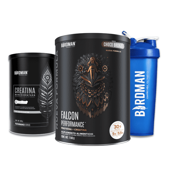 Kit Birdman Falcon Performance Choco Bronze 1.14 kg + Creatina Monohidratada 450 g + Shaker Azul
