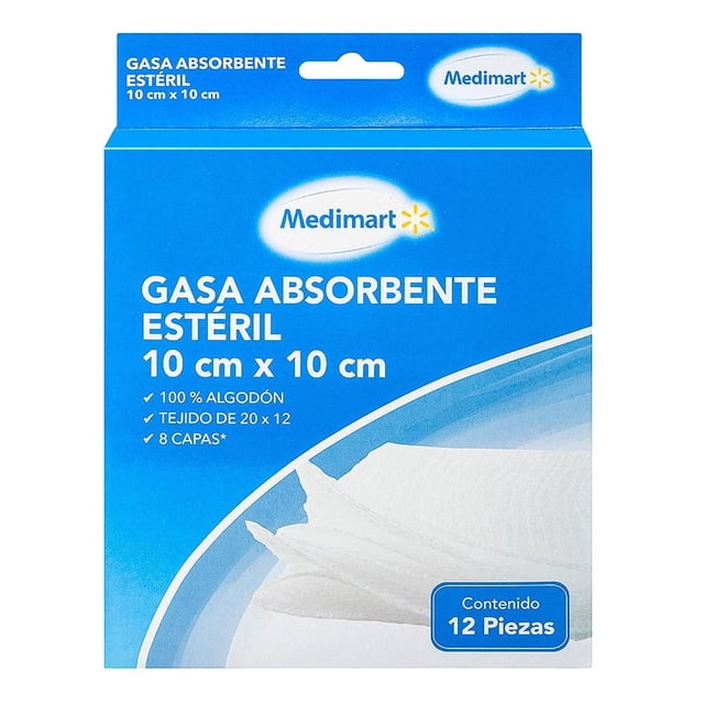 gasa medimart absorbente estéril 10 cm x 10 cm 12 pzas caja frontal centrada; paquete azul con logotipo Medimart, texto grande que indica gasa absorbente estéril 10 cm x 10 cm, muestra gasas blancas plegadas y recuadro que indica contenido 12 piezas.