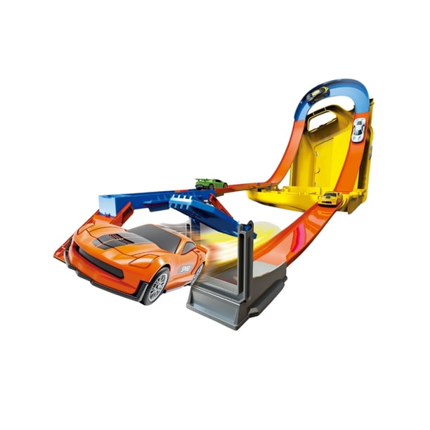 PINGÜE® City & Speed | Pista de Alta Velocidad y Case Contenedor Tipo Galón de Aceite, Garage para Vehículos 1:64, Hasta 12 Hot Wheels, Amarillo. Tamaño 25x11x32. Juguetes Niños estilo Hot Wheels.