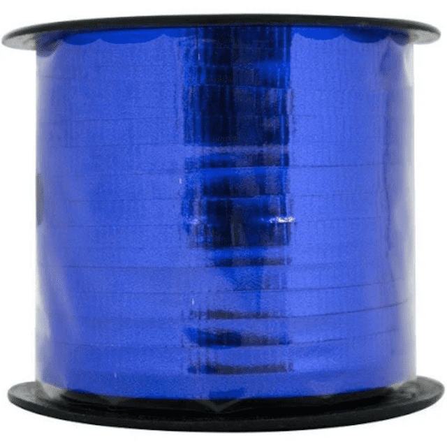 liston rulin curly curling metalico colores deco 100m azul oscuro rollo de cinta metálica azul de 100 m en carrete negro, vista frontal centrada que muestra la superficie reflectante y bandas horizontales, apto para manualidades y decoración; también suele usarse para envolver regalos pequeños.