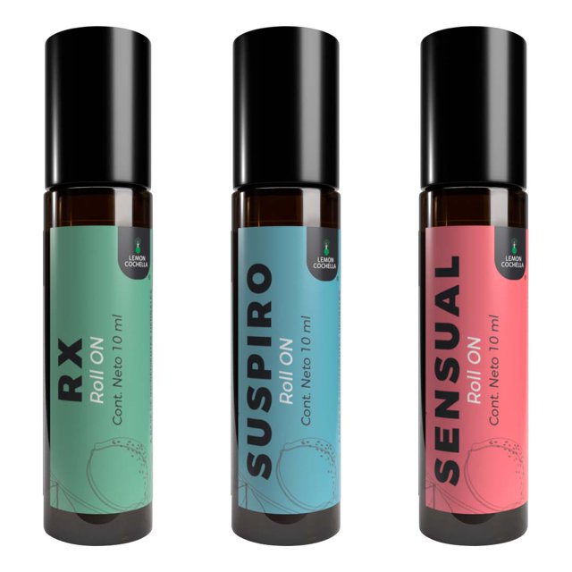 kit roll on - aceites esenciales aromas, suspiro, sensual y rx set de tres roll-ons 10 ml con etiquetas verde, azul y rosa; frontal, vista centrada, tapas negras. RX contiene manzanilla, pomelo y geranio; SUSPIRO contiene vaporub, menta, lavanda y eucalipto; SENSUAL contiene geranio y ylang ylang. Indicado para aromaterapia y spa; aplicar en muñecas, detrás de las orejas o en las sienes; también útil para llevar en bolsa de viaje.