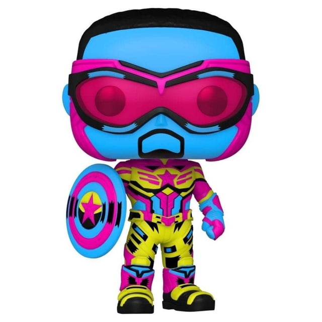 the falcon and the winter soldier captain america blacklight pop! vinyl figure 987 funko Figura Pop! Blacklight exclusiva, vista frontal de cuerpo entero: Falcon con la armadura de Captain America, cabeza sobredimensionada con piel azul neón, gafas magenta, traje amarillo-magenta-azul con detalles negros y escudo circular con estrella; bobblehead de vinil de ~4 pulgadas, fondo blanco de estudio. Ideal para exhibición en repisa.