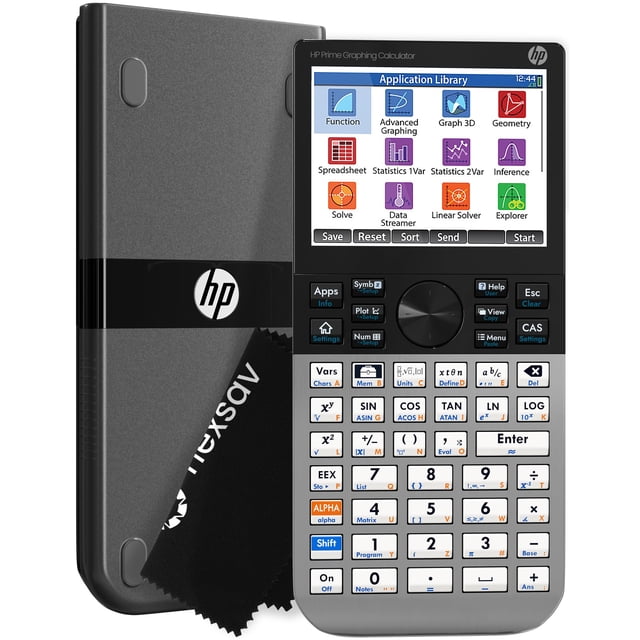 calculadora gráfica hp prime g2 cas aprobada para el examen cas con funda vista frontal centrada de la calculadora gráfica HP Prime G2 con funda deslizable parcialmente retirada; pantalla multitáctil a color de 3.5" que muestra iconos de aplicaciones (Geometry, Graph 3D, Spreadsheet), rueda de navegación y teclado alfanumérico. Carcasa metálica pulida y funda protectora negra con logo HP. Diseñada para CAS, gráficos avanzados y exámenes PSAT/SAT/IB; suele usarse también como herramienta portátil para docentes y estudiantes.