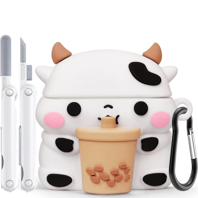 Funda para AirPods 4 Skyconser Cute Cow con kit de limpieza funda de silicona 3D estilo vaca boba blanca con manchas negras y mejillas rosas, vista frontal centrada con taza boba en relieve; incluye mosquetón metálico negro a la derecha y bolígrafo de limpieza blanco a la izquierda, montaje dividido y cortes precisos para puerto de carga, compatible con AirPods 4ª generación (2024) USB-C; a menudo usada también para llevar pequeños accesorios como llaves o audífonos IEMs.