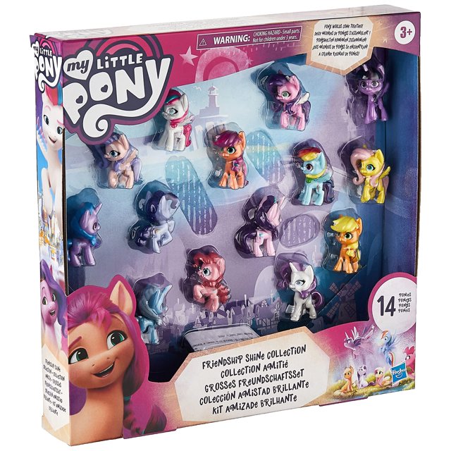 colección friendship shine de toy my little pony con 14 figuras multicolor. Vista frontal de la caja con ventana que muestra 14 mini ponis de plástico dispuestos en dos filas y varios niveles, cada uno con peinados y colores distintos; empaque con logo My Little Pony y rótulo de 3+.